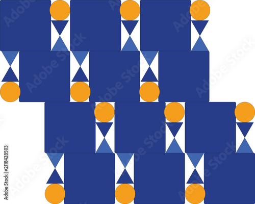 Modern Geometric Seamless Pattern with Blue Squares Orange Circles and Abstract Triangle Shapes Vector Background