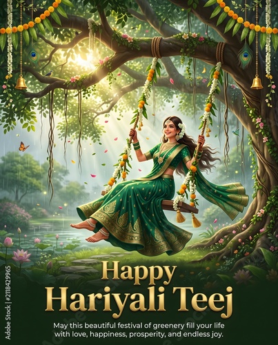 Happy hariyali teej celebration with woman in traditional indian green saree swing