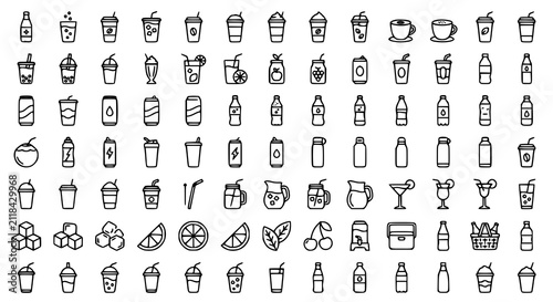 Cold Drinks Web Line Icons Set Sparkling Water Iced Coffee Editable Stroke Vector Collection