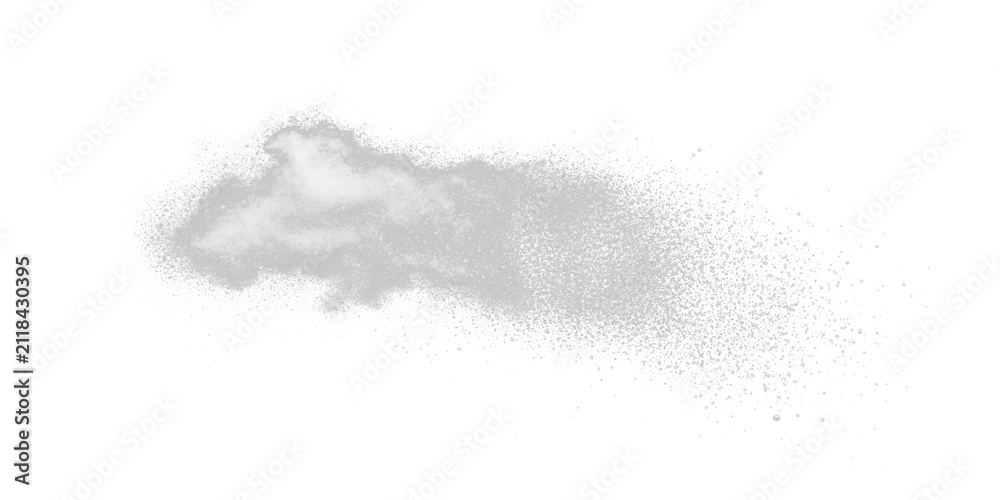 Fototapeta premium A cloud-like burst of fine, white particulate matter explodes against a solid black background