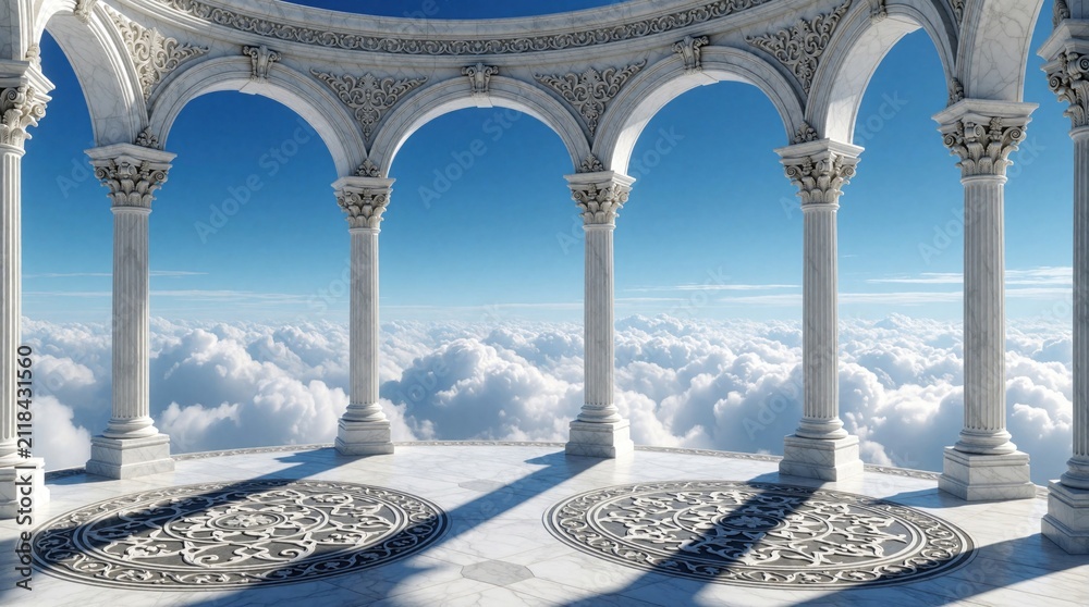 Obraz premium White marble colonnade with arched pillars overlooks endless clouds in clear blue sky. Circular mosaic floor pattern reflects sunlight. Open terrace balcony stands above fluffy sky clouds in fantasy