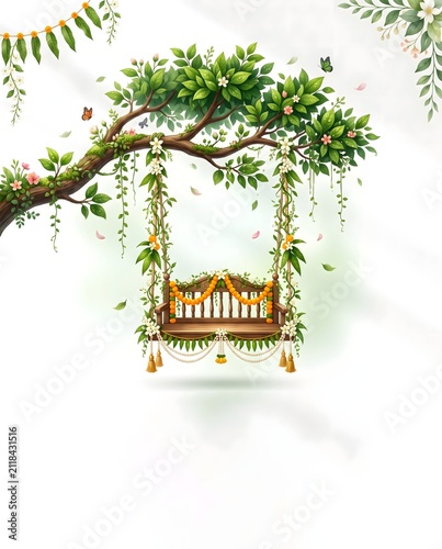 Decorative wooden swing decorated with marigold flowers for hariyali teej festival