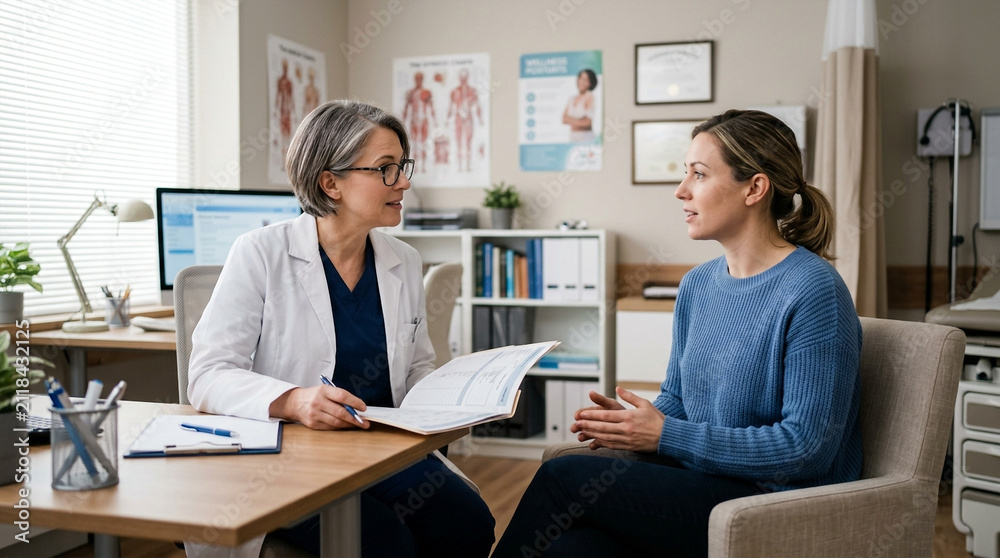 Fototapeta premium Doctor and patient discussing medical results in a brightly lit examination room.