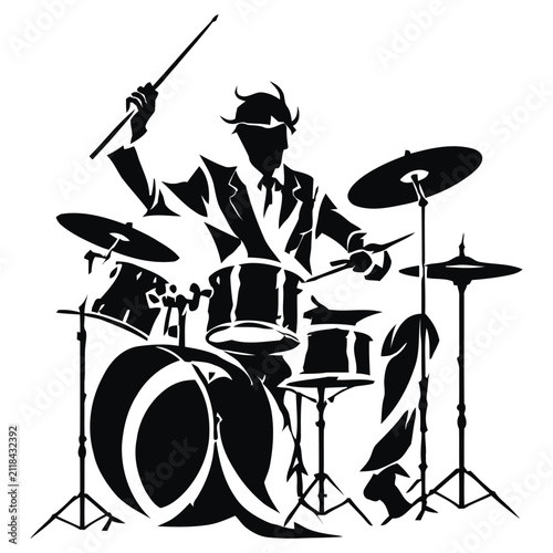 Abstract Drummer Playing Drum Set Silhouette Vector Illustration