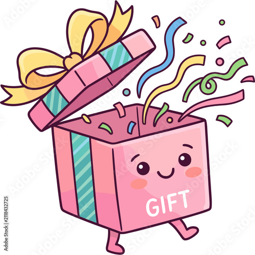 Cute pink kawaii gift box with a yellow ribbon and colorful confetti popping out for birthday celebration