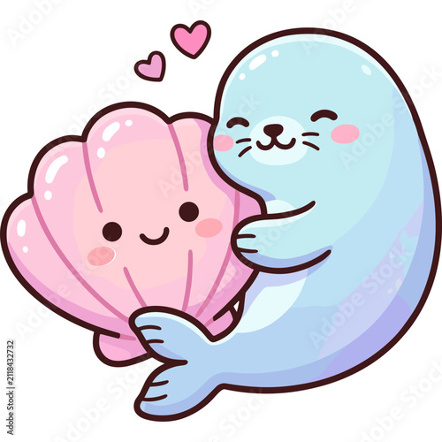 Cute Kawaii Seal Hugging a Pink Seashell Illustration with Hearts