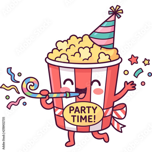 Cute Cartoon Popcorn Character Celebrating Party Time with Party Hat and Horn Illustration