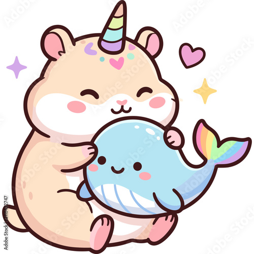 Cute Kawaii Hamster Unicorn Holding A Tiny Blue Whale Toy In A Sweet Vector Illustration For Adorable Childrens Designs And Stickers