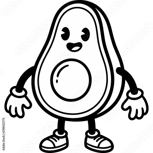 Cute Cartoon Avocado Character Line Art Illustration with Face, Hands, and Sneakers for Healthy Eating Concept