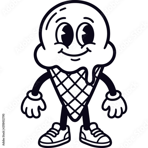 Retro cartoon ice cream cone mascot character illustration in vintage black line art style with funny smiling face
