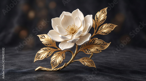 Exquisite white flower sculpture with golden metallic leaves