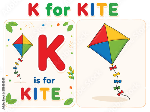 Alphabet flashcard for letter K, colorful toy kite illustration for kids education, preschool phonics learning poster with letter K for kite text