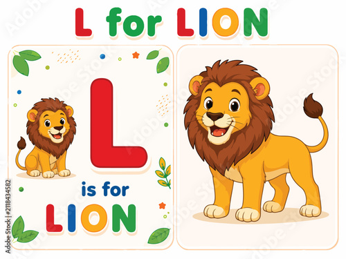 Cartoon lion alphabet flashcard for letter L, educational animal illustration for kids, cute lion character with bold typography vector