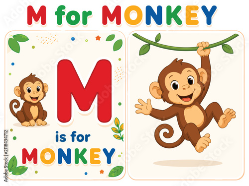 Educational alphabet flashcard for letter M, cute monkey cartoon character vector, preschool learning material with jungle animal theme