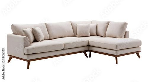 Modern beige sectional sofa white background, contemporary couch with wooden legs for living room furniture