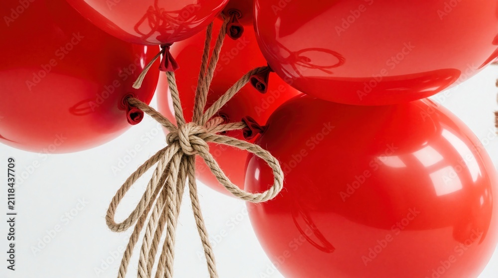Obraz premium Bunch of shiny red balloons tied together with rustic twine rope. Bright round objects float against plain white background. Festive decor items create joyful atmosphere for birthday party