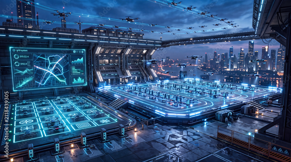 Fototapeta premium Futuristic command center monitoring a glowing automated urban facility at night features advanced digital data displays and wide neon illuminated infrastructure overlooking a city skyline vista.