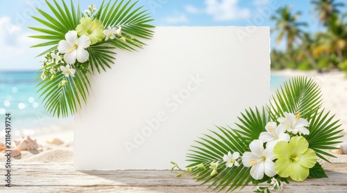 Tropical Floral Frame With Beach and Ocean Background