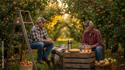 Friends Sharing Rustic Picnic in Sunlit Apple Orchard