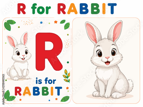 Educational alphabet letter R for rabbit vector, cute bunny character illustration for kids, preschool learning flashcard with animal theme