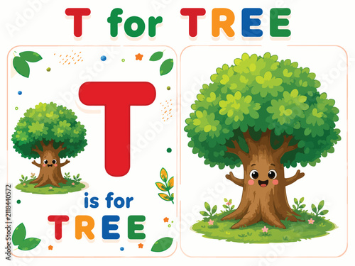Alphabet flashcard for letter T is for Tree, educational vector illustration with cute smiling character, preschool learning materials for kids