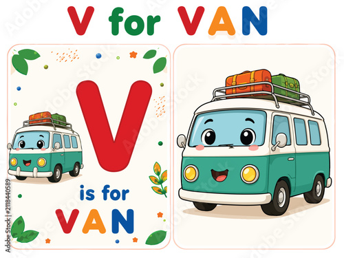 Educational alphabet flashcard for letter V, cute cartoon van character with luggage, preschool learning material for V is for Van