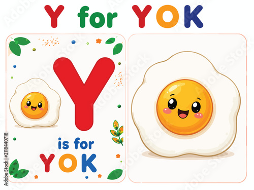 Educational alphabet flashcard for letter Y, cute cartoon fried egg yolk character, preschool learning material with letter Y is for YOK text