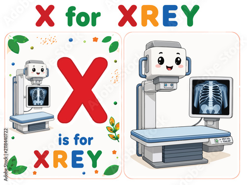 Educational alphabet letter X for Xrey flashcard, cute cartoon medical x-ray machine character, preschool learning vector illustration