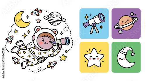 Canvastavla Cute child astronaut observing planets and stars through a telescope, with additional space elements set