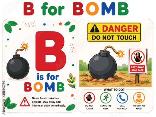 Educational alphabet letter B for bomb flashcard, explosive safety warning sign for kids, danger do not touch instructional poster vector