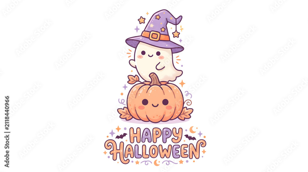 Fototapeta premium Cute ghost wearing witch hat sitting on pumpkin happy halloween pastel kawaii illustration.
