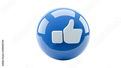 Shiny blue sphere with white thumbs up icon, isolated on white background
