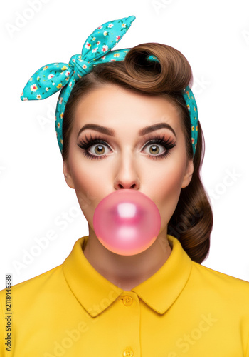 Young caucasian woman in retro pin-up style, yellow top, blowing pink gum bubble with playful, surprised look on a vivid magenta studio background, celebrating vintage nostalgia