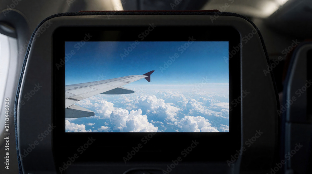 Obraz premium Airplane seat back monitor display shows view of plane wing above clouds in sky. Passenger enjoys onboard entertainment system during commercial flight. Modern aircraft cabin interior provides screen