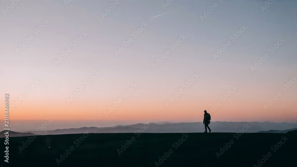 Fototapeta premium Silhouette of a person standing on hill during sunset, scenic mountain landscape, tranquil outdoor view