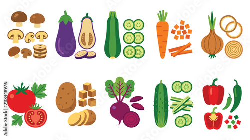 Fresh vegetables set with mushrooms eggplant zucchini carrots and onions isolated.