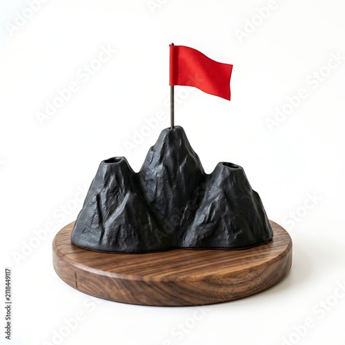Miniature mountain with red flag on peak