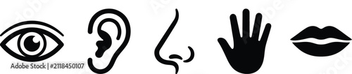 Set of five human sense icons representing sight hearing smell touch and taste on white background