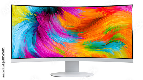 Ultrawide curved monitor isolated on white background, modern display with colorful abstract screen for gaming and design use