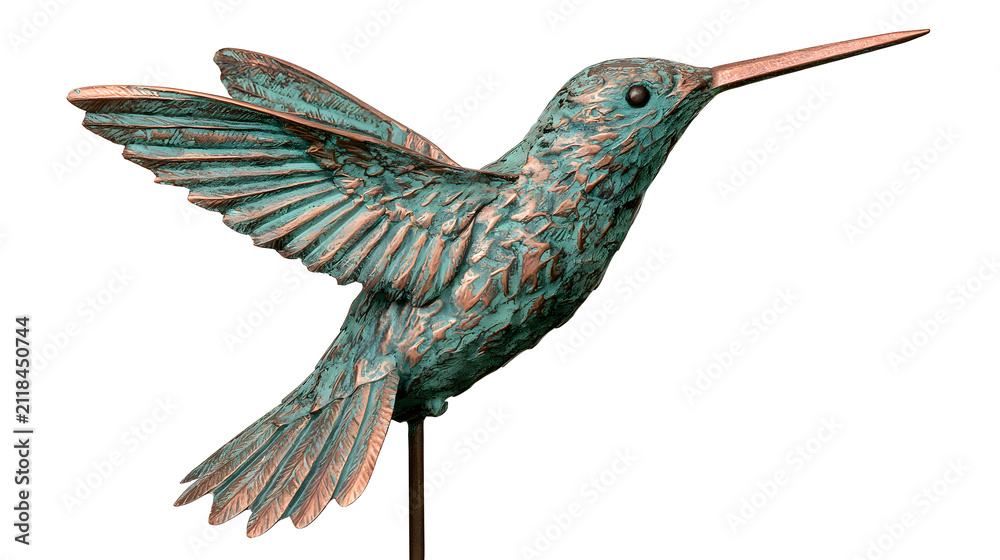 Fototapeta premium Verdigris hummingbird garden stake isolated on white background, copper patina bird sculpture for outdoor decoration