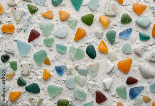 A close up of a bunch of sea glass, Extreme macro photography of a polished recycled terrazzo surface