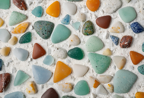 A close up of a bunch of sea glass, Extreme macro photography of a polished recycled terrazzo surface