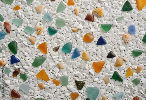 A close up of a pile of glass shards, Extreme macro photography of a polished recycled terrazzo surface