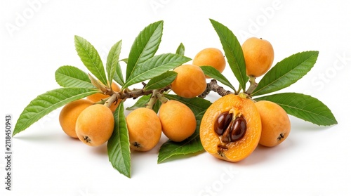 Fresh loquat branch with multiple fruits and green leaves, isolated