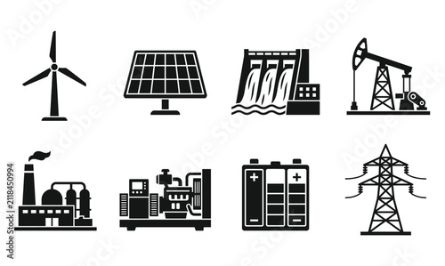 Set of black and white energy production icons featuring renewable and fossil fuel power sources