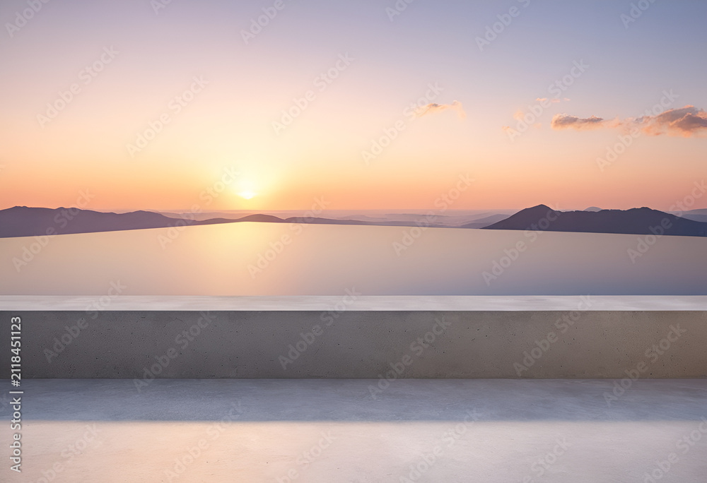 Fototapeta premium A bench sitting on a concrete ledge overlooking a lake, Front view of a smooth polished concrete architectural ledge against a soft gradient sunset sky