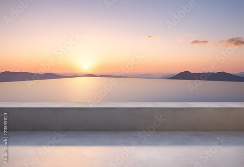 A bench sitting on a concrete ledge overlooking a lake, Front view of a smooth polished concrete architectural ledge against a soft gradient sunset sky