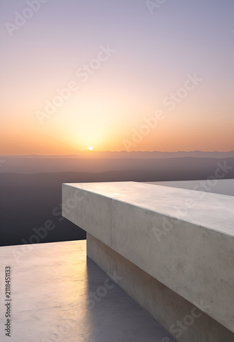 A bench on a concrete ledge overlooking a sunset, Front view of a smooth polished concrete architectural ledge against a soft gradient sunset sky