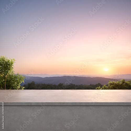A view of a mountain range from a rooftop, Front view of a smooth polished concrete architectural ledge against a soft gradient sunset sky
