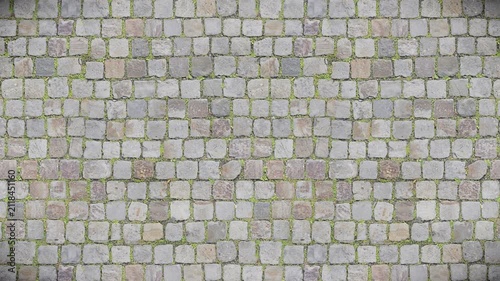 Weathered gray paving stones and green moss form a seamless loop texture.